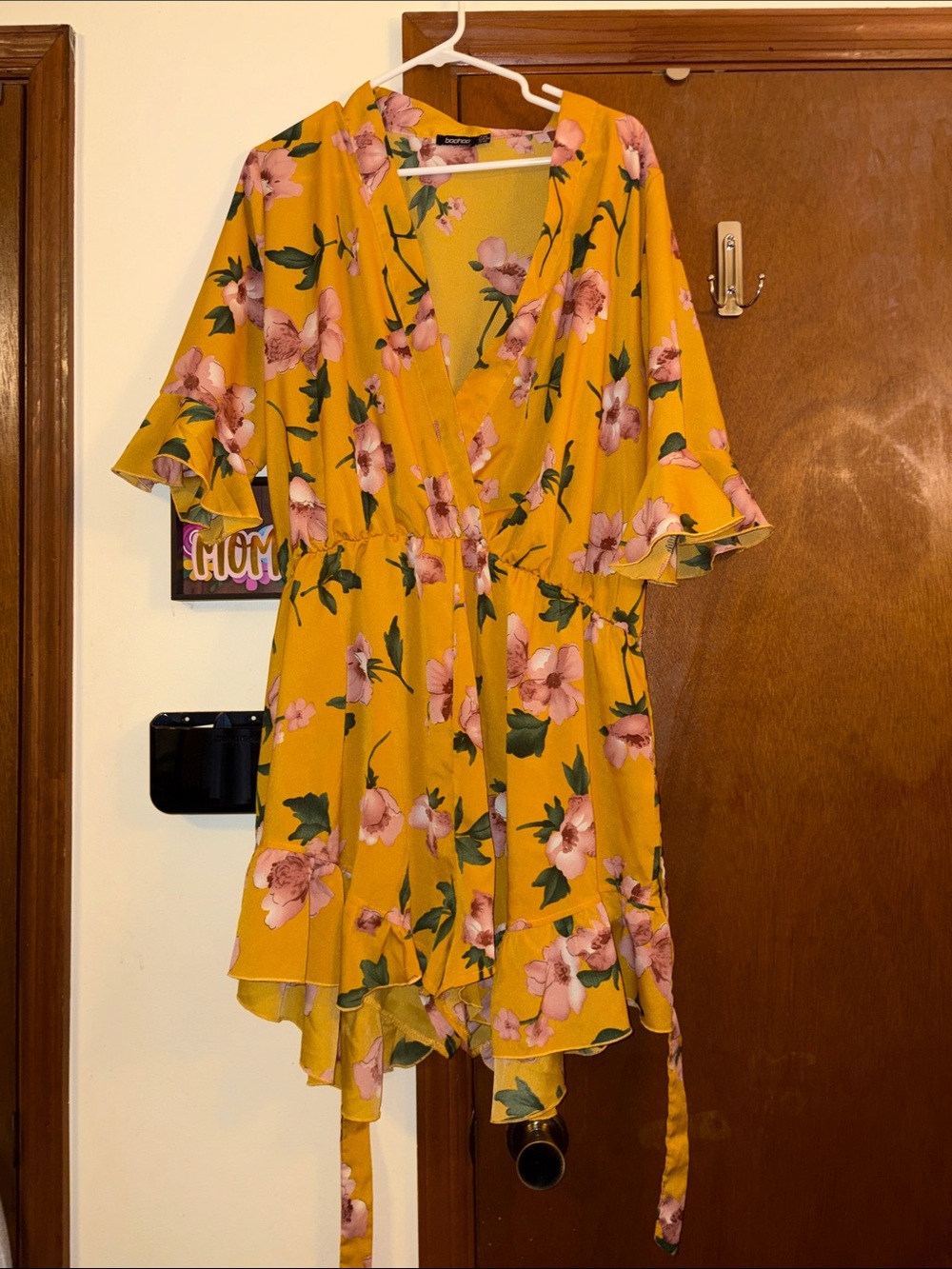 Boohoo Mustard Yellow Floral Wrap Romper with Pink Blooms